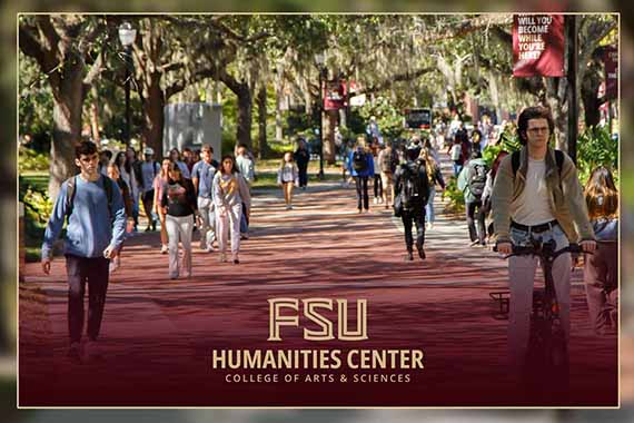 Students walk and ride bicycles along a tree-lined campus path, with text overlay reading "FSU Humanities Center, College of Arts & Sciences."
